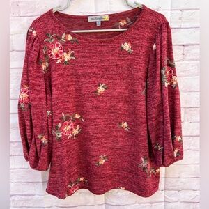 Fig & Flower Anthropologie L floral embroidered Fall knit balloon sleeve sweater